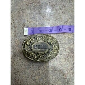 Vintage 1977 Name PHIL Brass Belt Buckle 3.5" x 2.5" The Kinney Co.